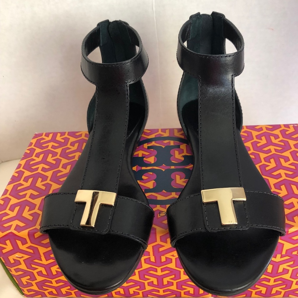 Tory Burch Black Leather Zipper Back Flat Sandal Size 6